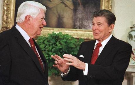 Former House Speaker Tip O?Neill and President Reagan seemed to be enjoying this 1985 conversation in the Oval Office.

